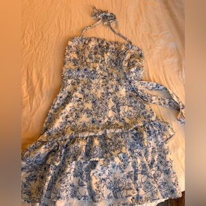 Blue Floral Halter Summer Dress with Ruffle Detail Size Medium